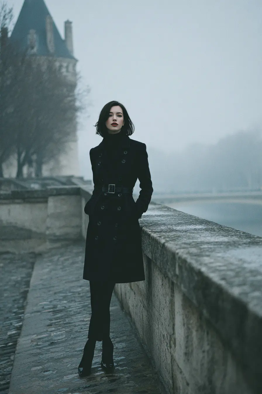 woman in long black wool coat belted at waist over all-black winter outfit