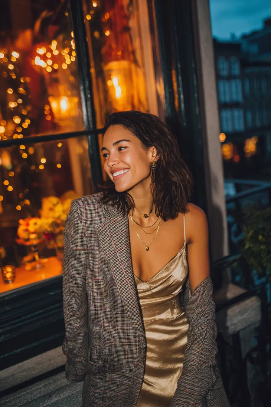plaid blazer over satin slip dress with pointed toe boots fall date night