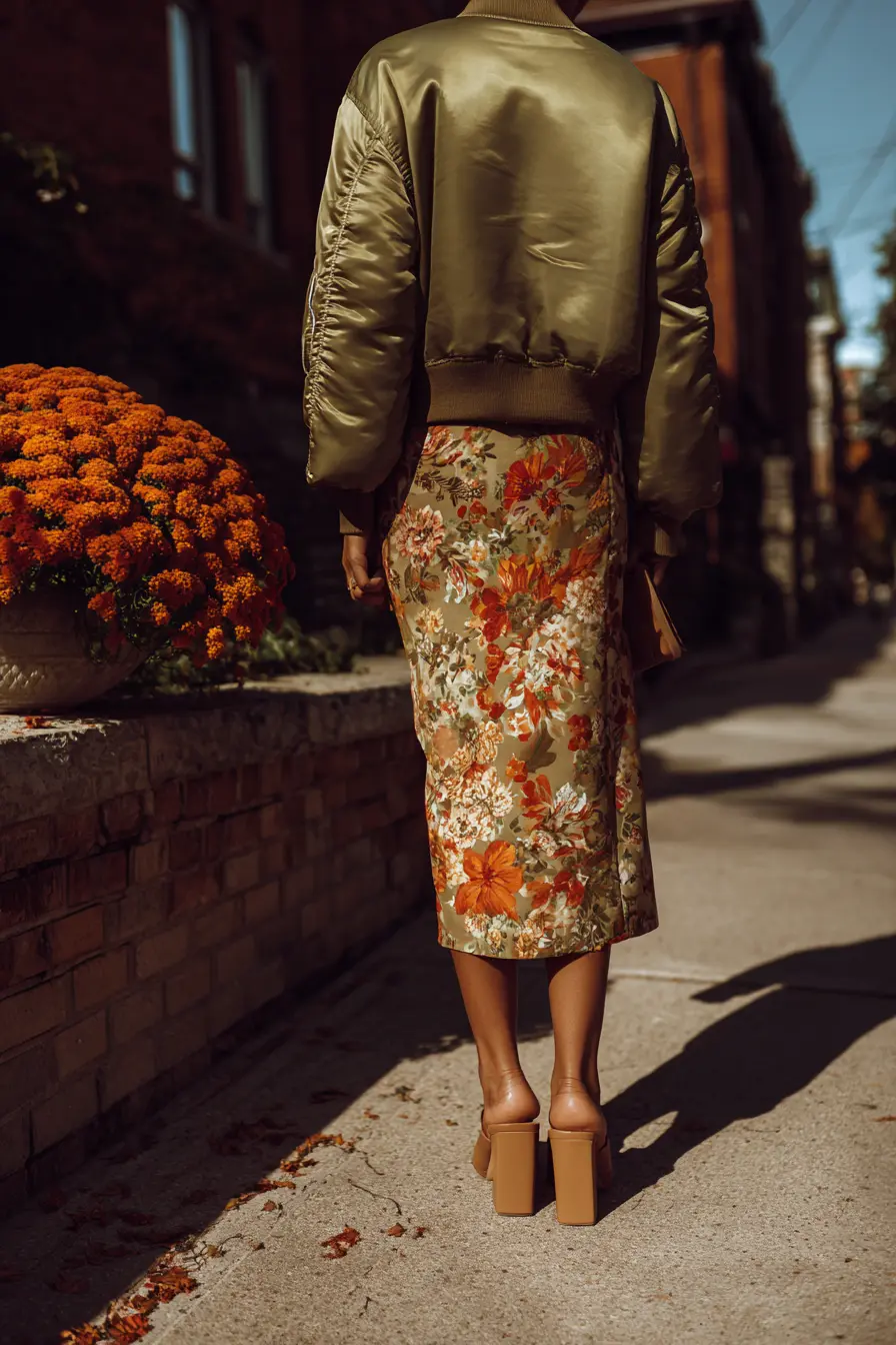 olive bomber jacket over printed midi skirt with block heel mules fall outfit 