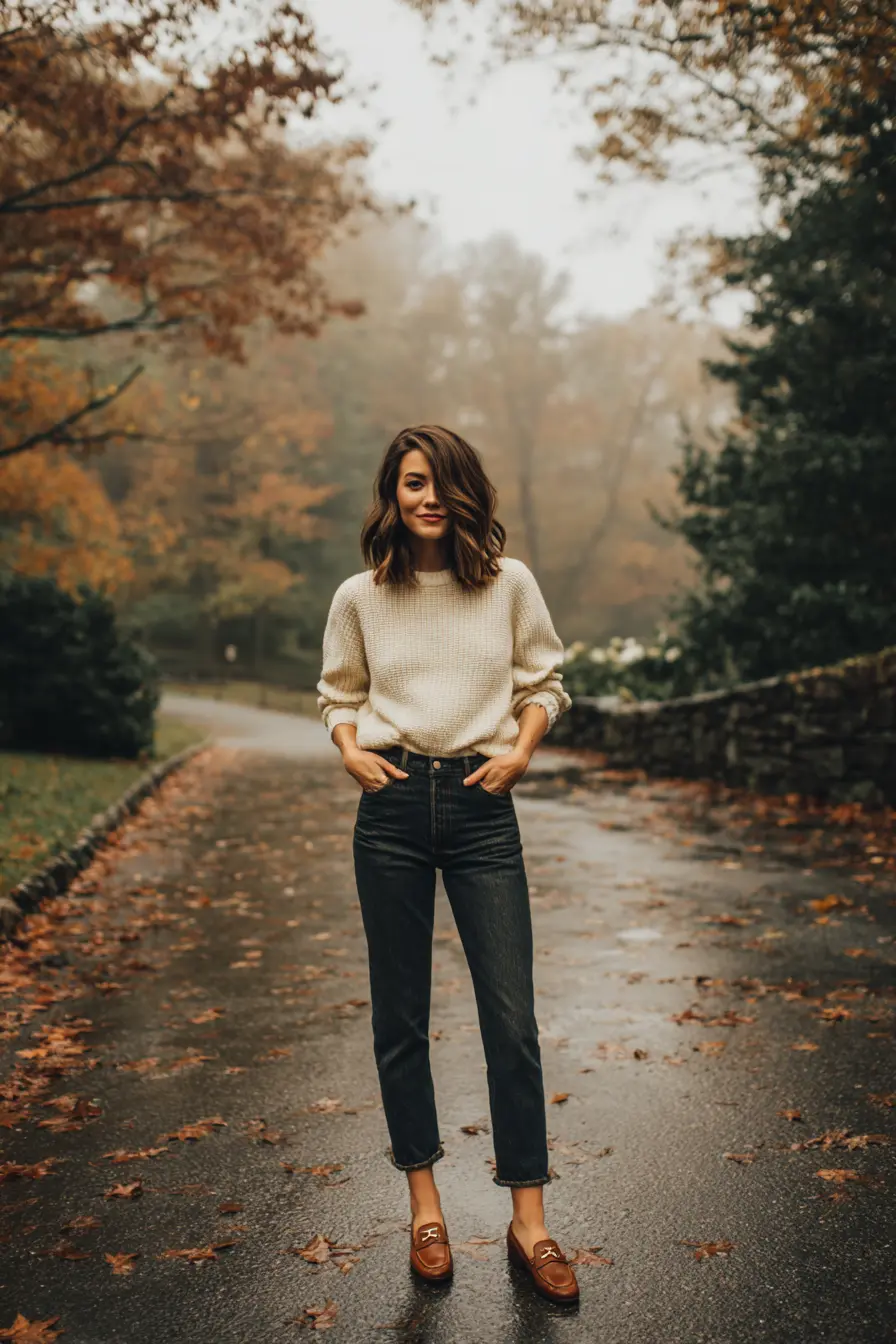 straight jeans ribbed knit half-tucked and loafers casual fall date outfit