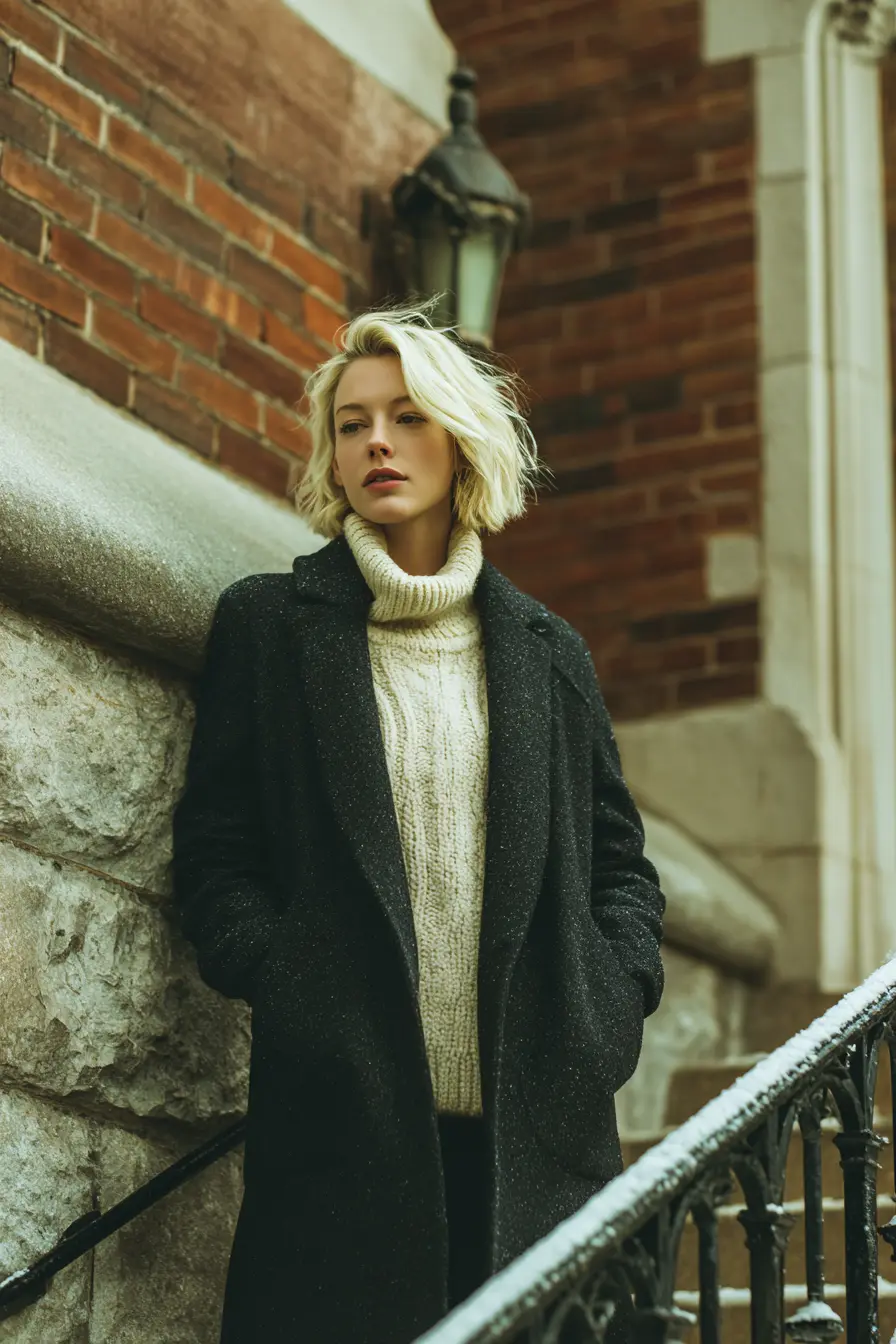 woman layering chunky turtleneck under structured wool coat winter street style