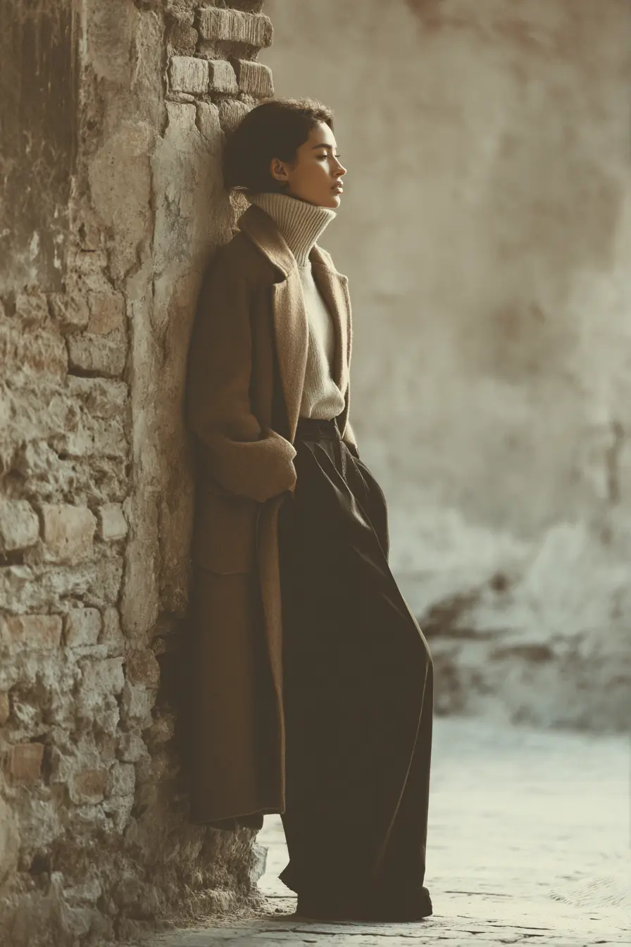 camel wool coat over cream turtleneck and tailored trousers cold weather outfit