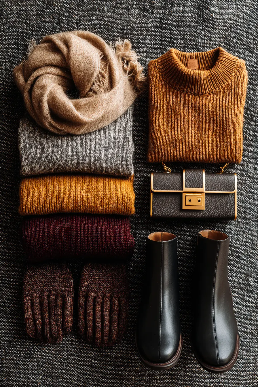 flat lay winter outfit earthy tones toffee camel metallic gold bag accessories