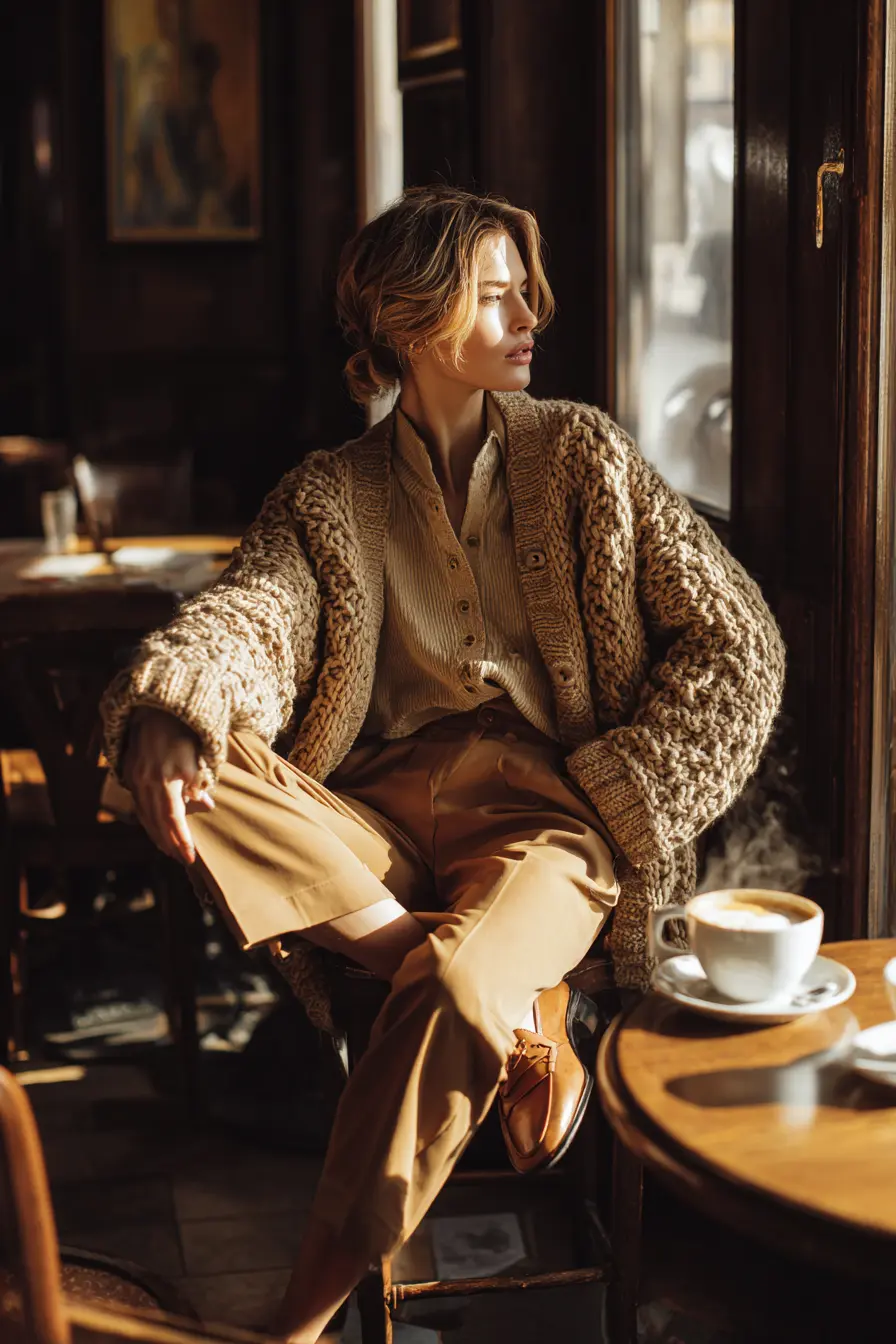cozy chic winter outfit oversized chunky knit cardigan with straight trousers and loafers
