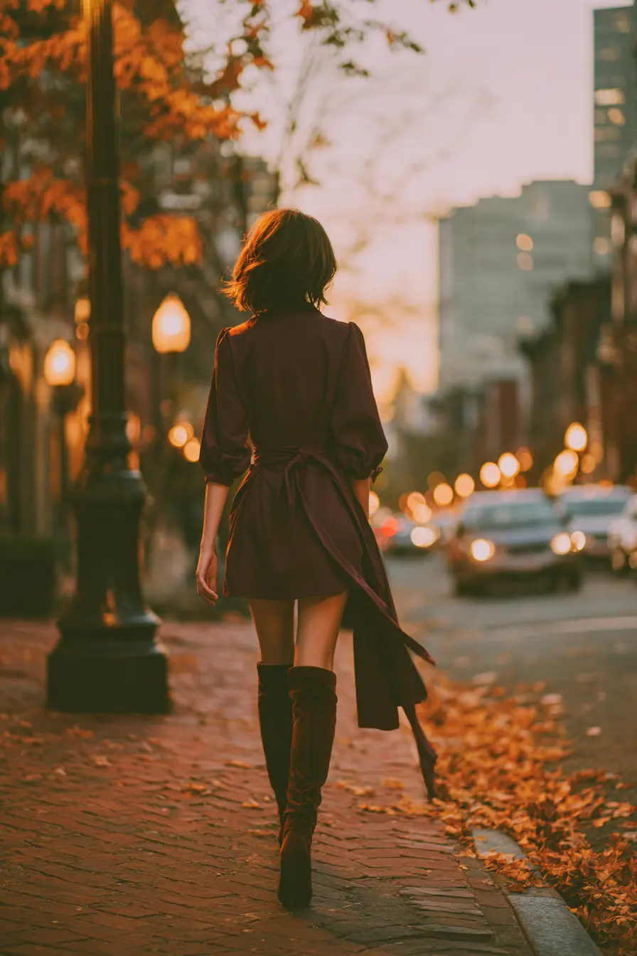 woman in cozy fall date night outfit on an autumn evening city walk at dusk