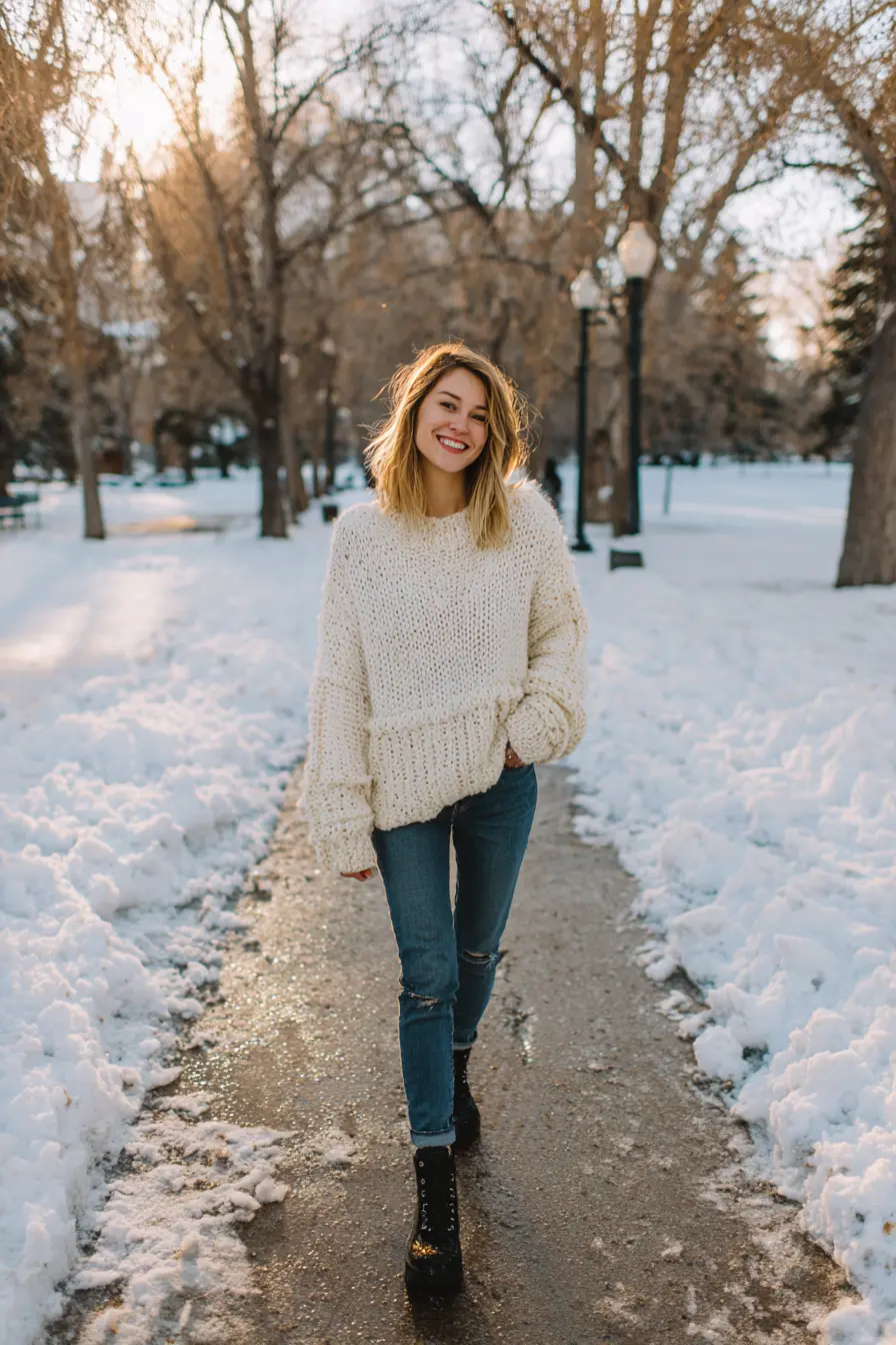 chunky knit sweater slim jeans lug sole boots cozy winter weekend outfit