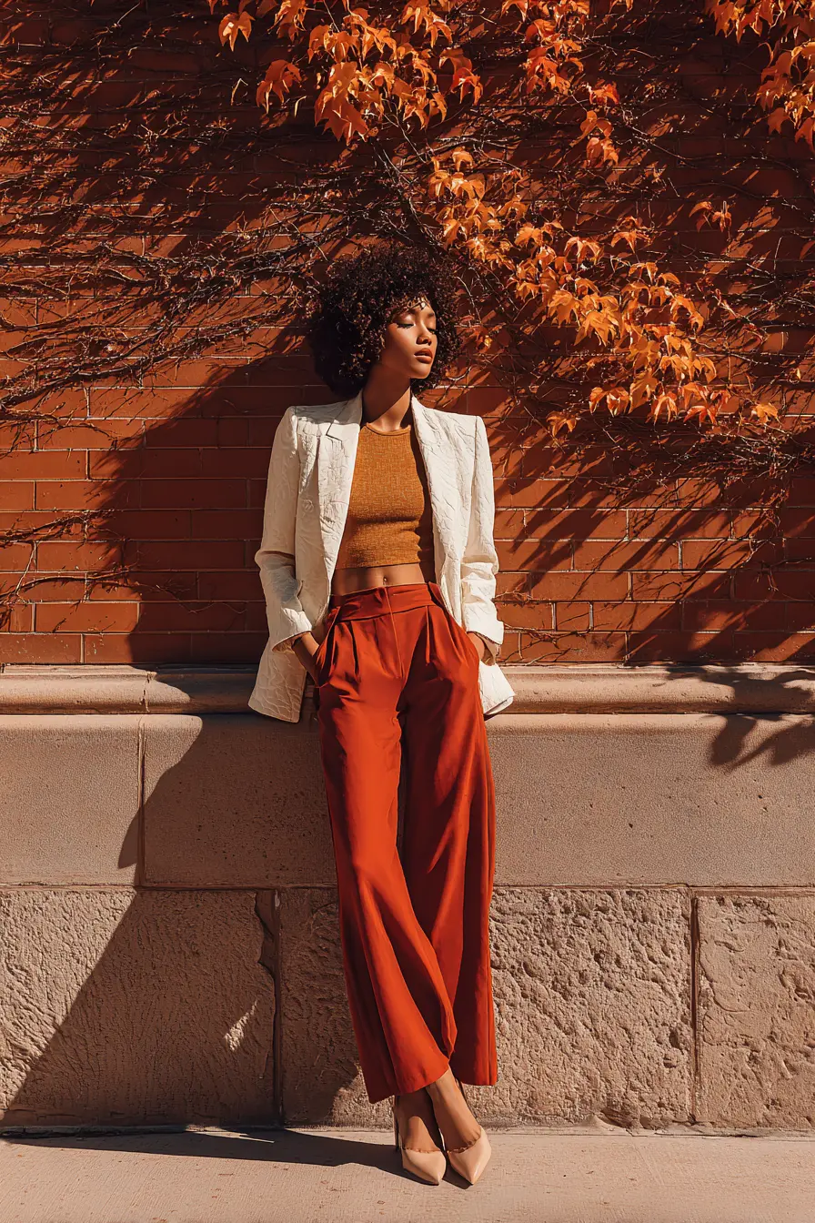 cropped blazer over high-waisted flare pants in rust and cream fall color palette