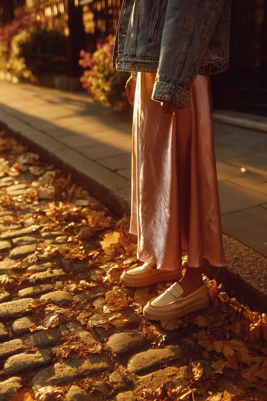 denim jacket over satin midi slip skirt with chunky loafers in fall street setting
