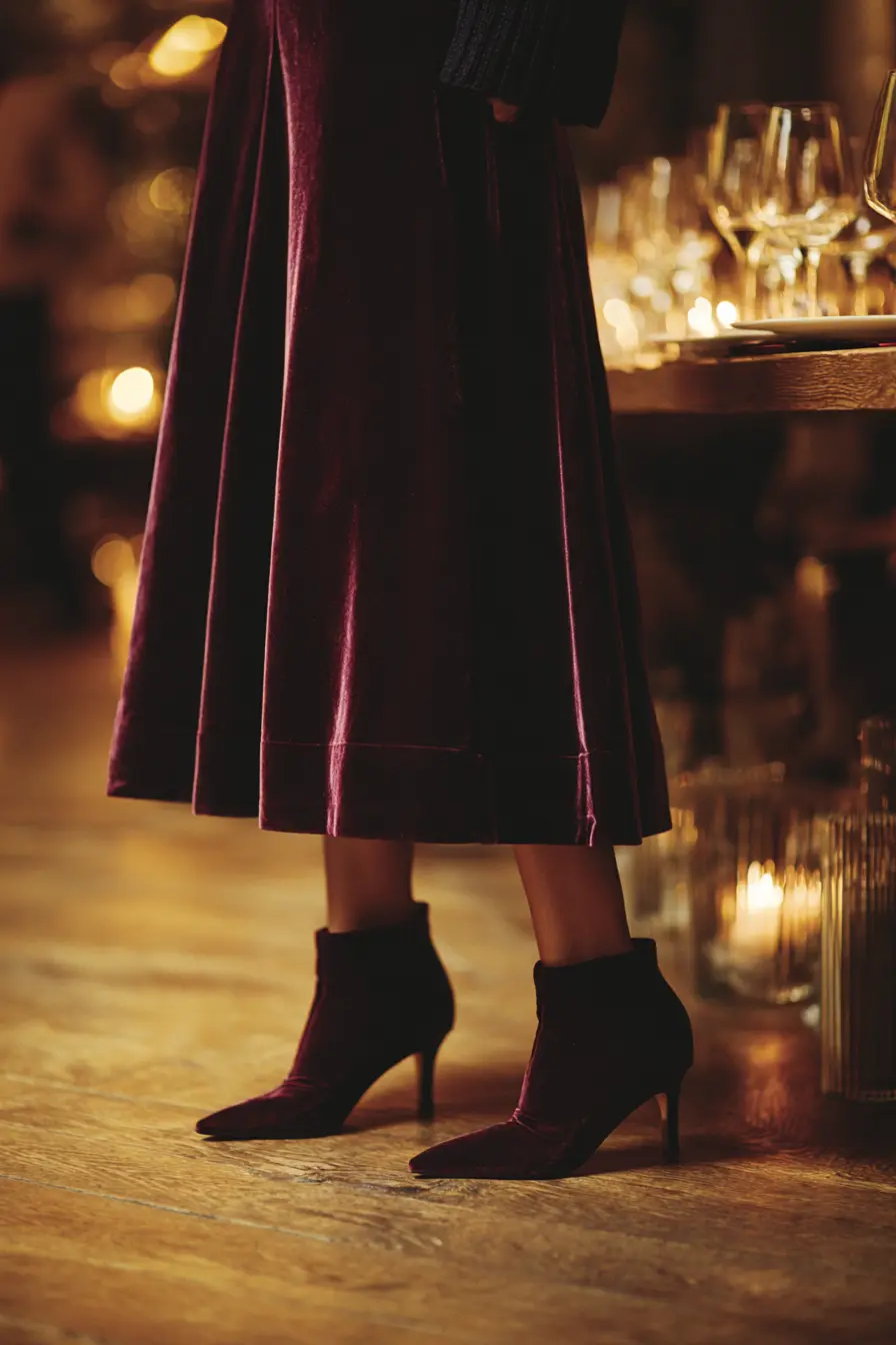 deep plum velvet midi skirt and cream turtleneck dressy Thanksgiving dinner outfit