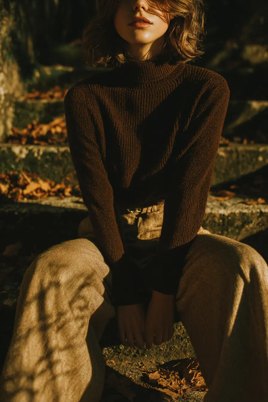 ribbed camel turtleneck knit sweater fall wardrobe essential close-up styling