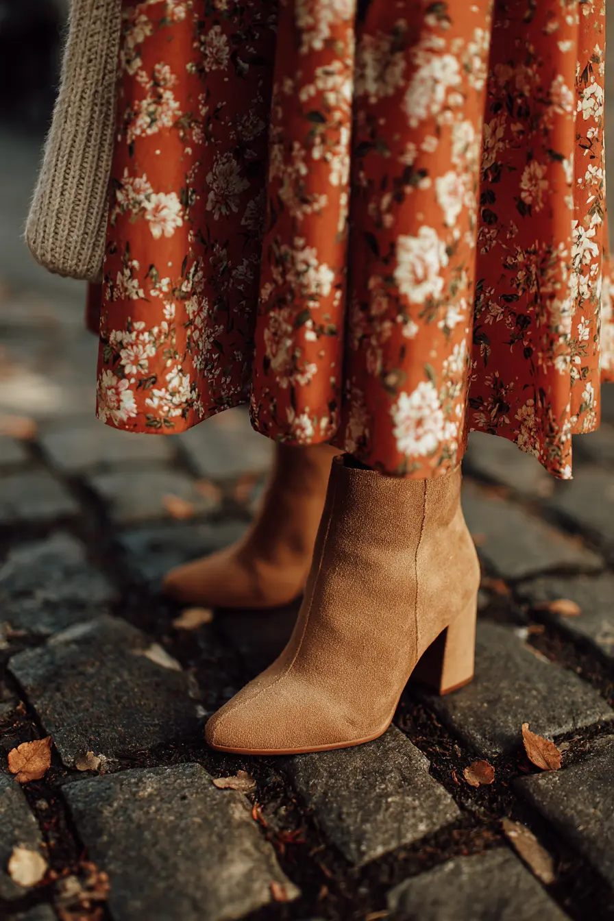 cognac ankle boots with flowy midi skirt and chunky knit fall outfit detail