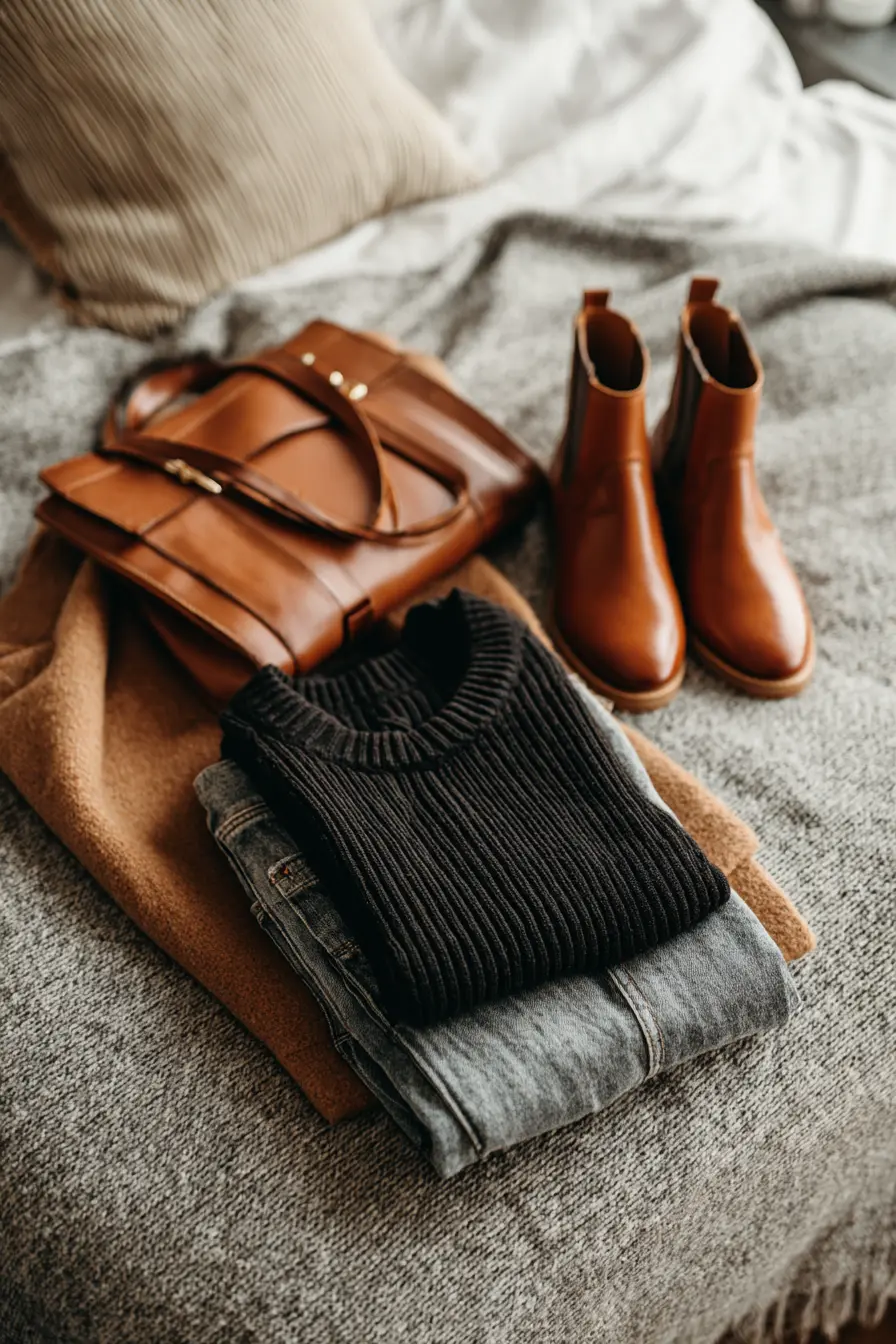 fall capsule wardrobe essentials flat lay turtleneck blazer boots jeans neutral tones