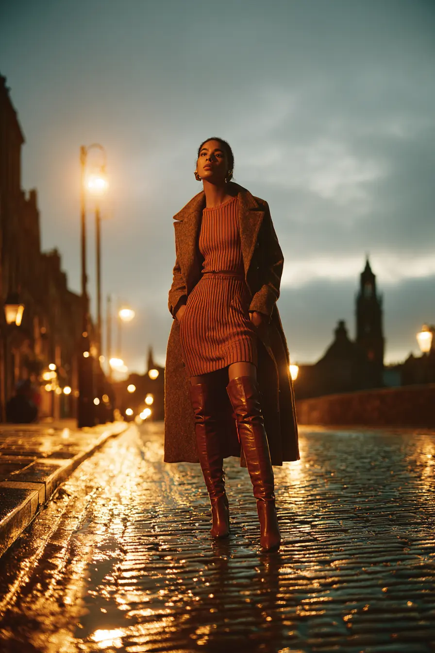 woman confidently dressed for fall date night in cozy knit and knee-high boots