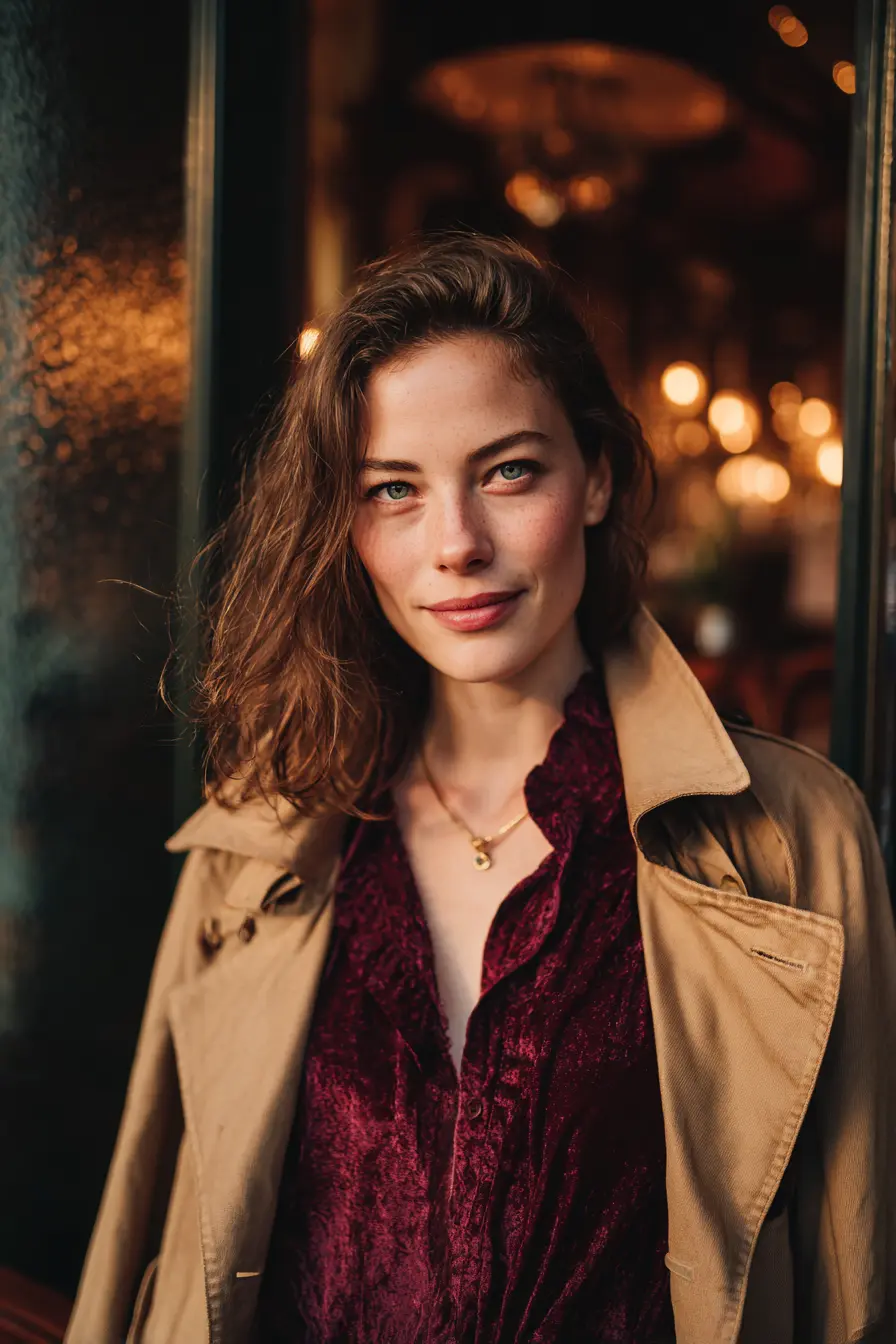 woman in velvet top and trench coat on cozy fall evening date