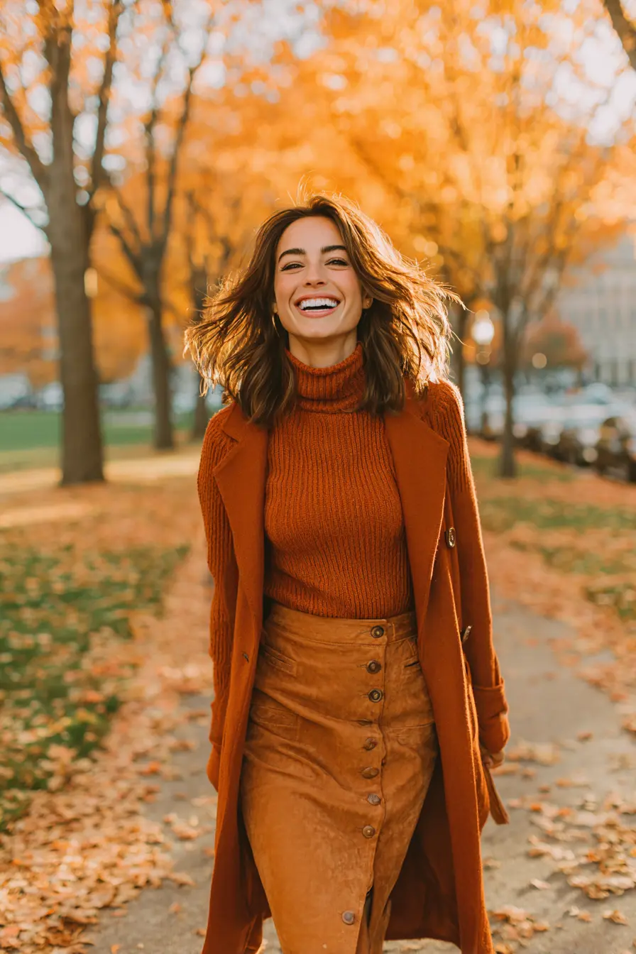 woman in complete fall date night outfit laughing in warm autumn evening light