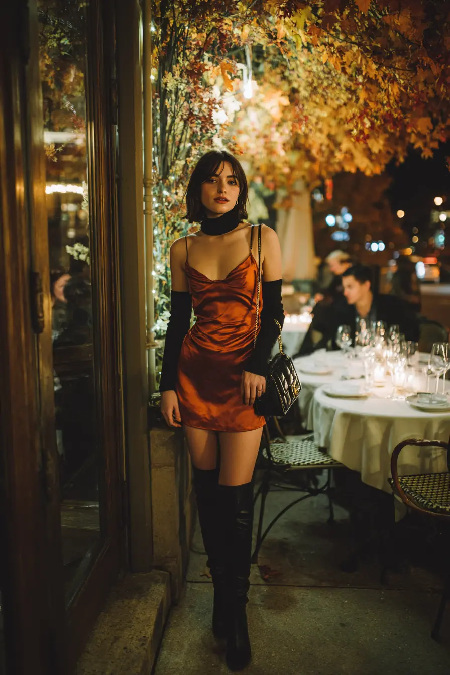 burnt orange satin slip dress over turtleneck with knee-high boots fall date night
