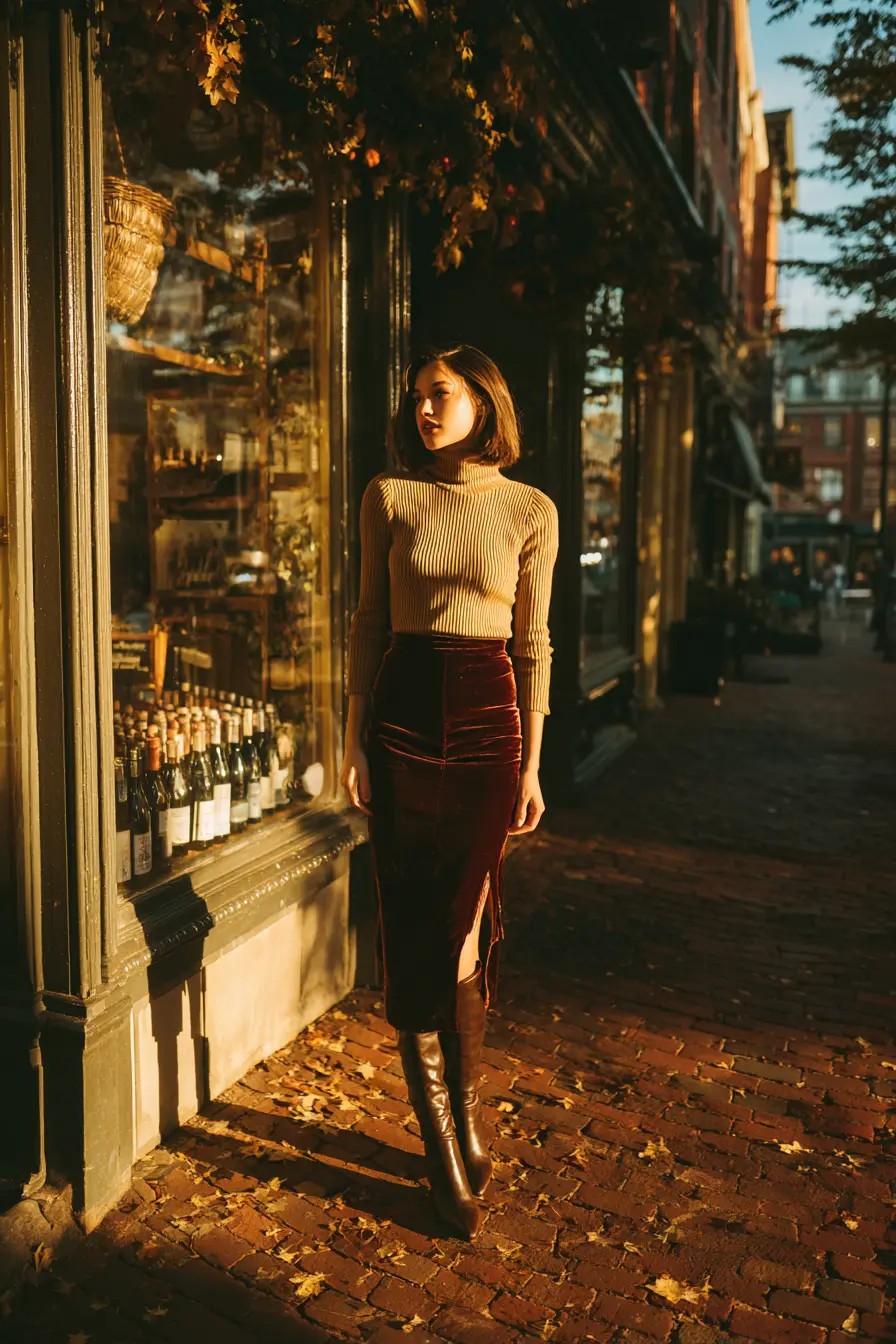 camel turtleneck tucked into burgundy velvet midi skirt with knee-high boots