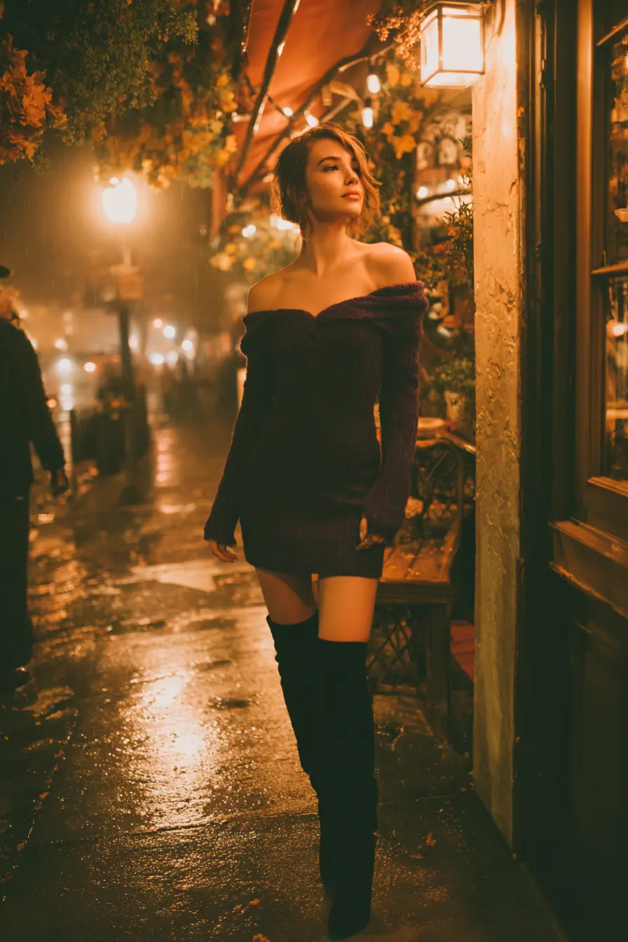 over-the-knee boots with midi dress autumn evening date night street look
