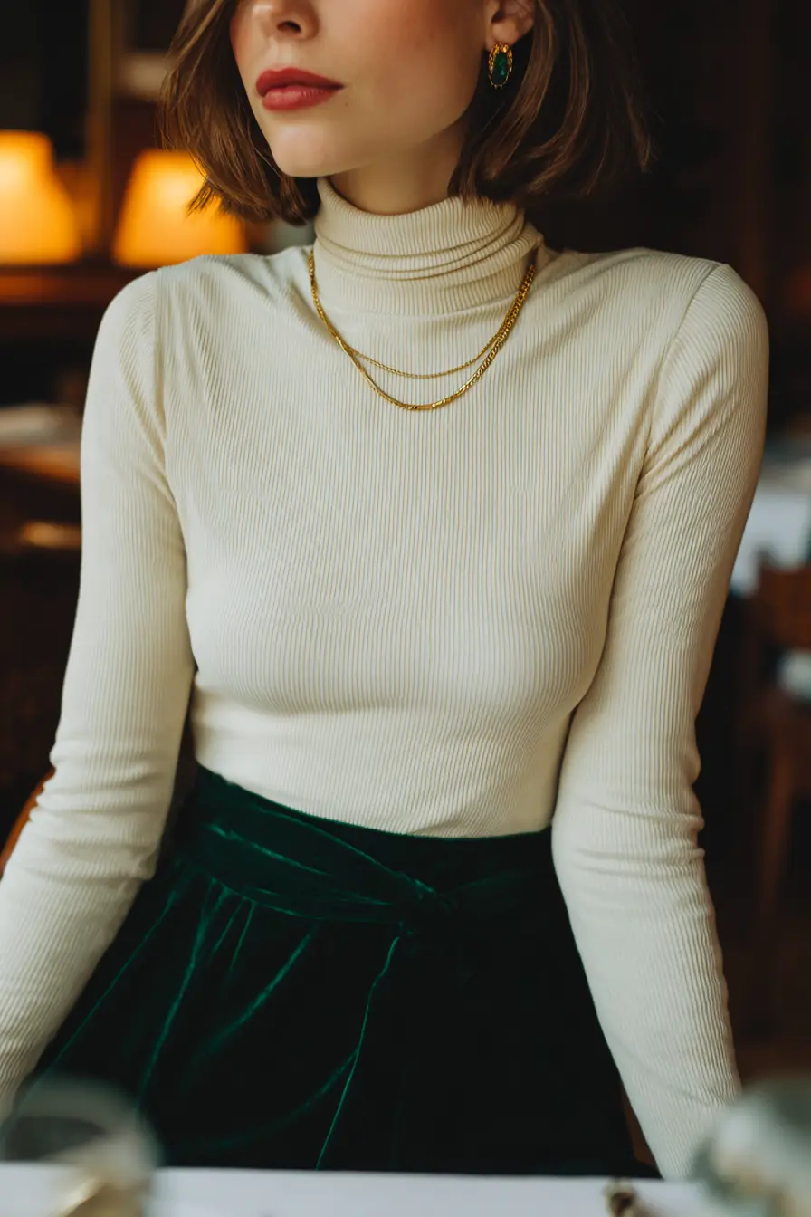 ribbed turtleneck tucked into velvet midi skirt fall date night look