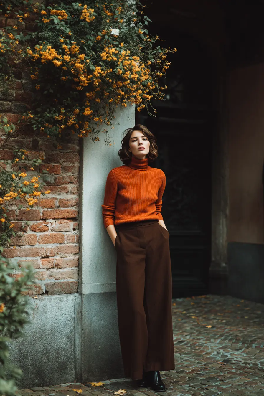 woman in rust turtleneck and chocolate wide-leg trousers autumn street style
