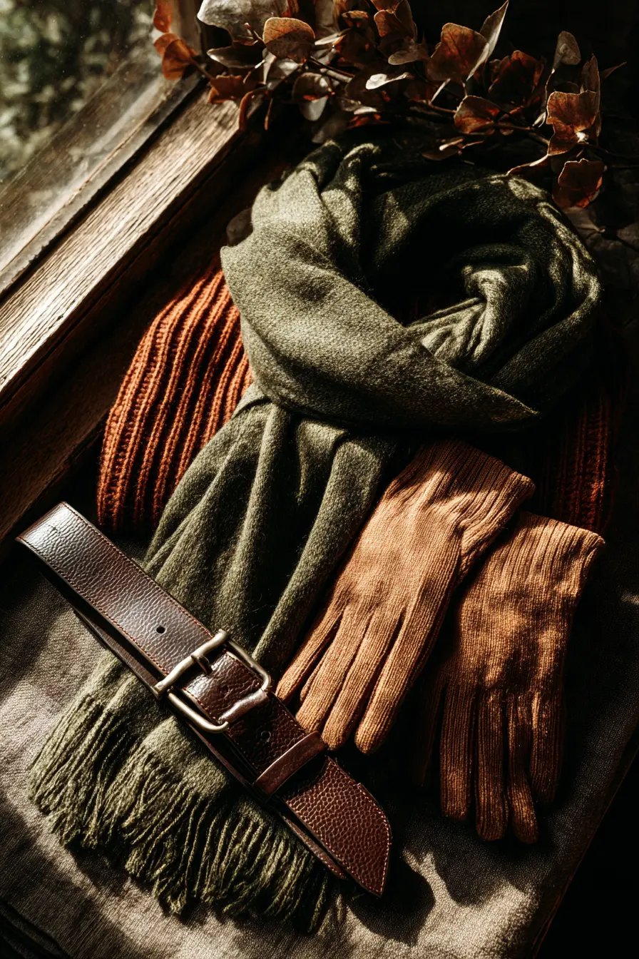 flat lay of earthy tone fall wardrobe pieces rust terracotta forest green camel