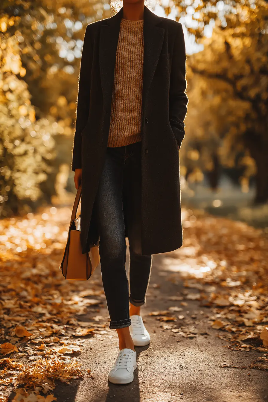 camel chunky knit with straight jeans longline blazer fall casual outfit