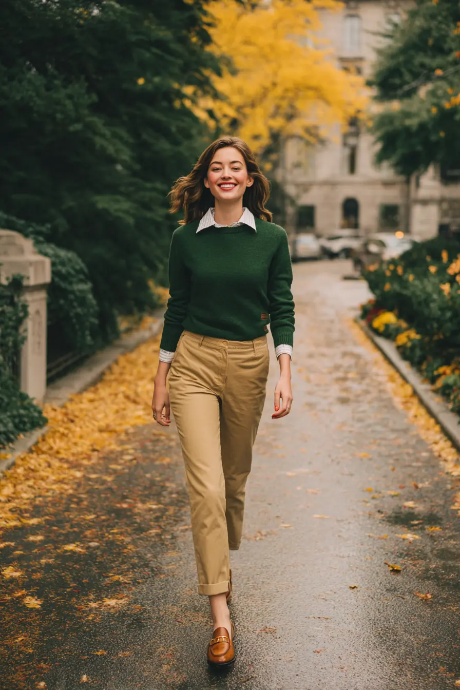 forest green merino crewneck over white collar with khaki pants and loafers fall