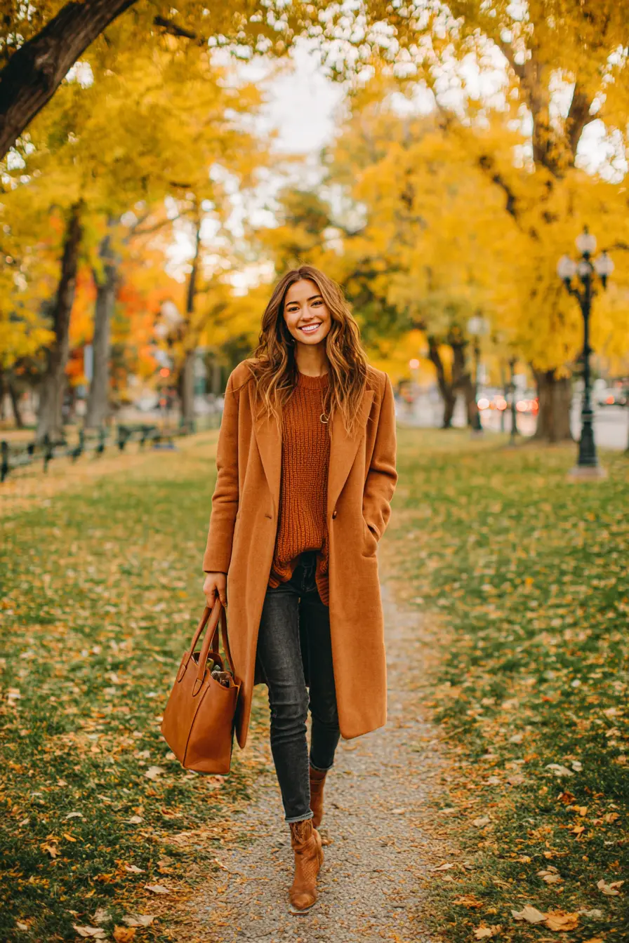 woman smiling in complete fall outfit coat boots knit autumn park setting