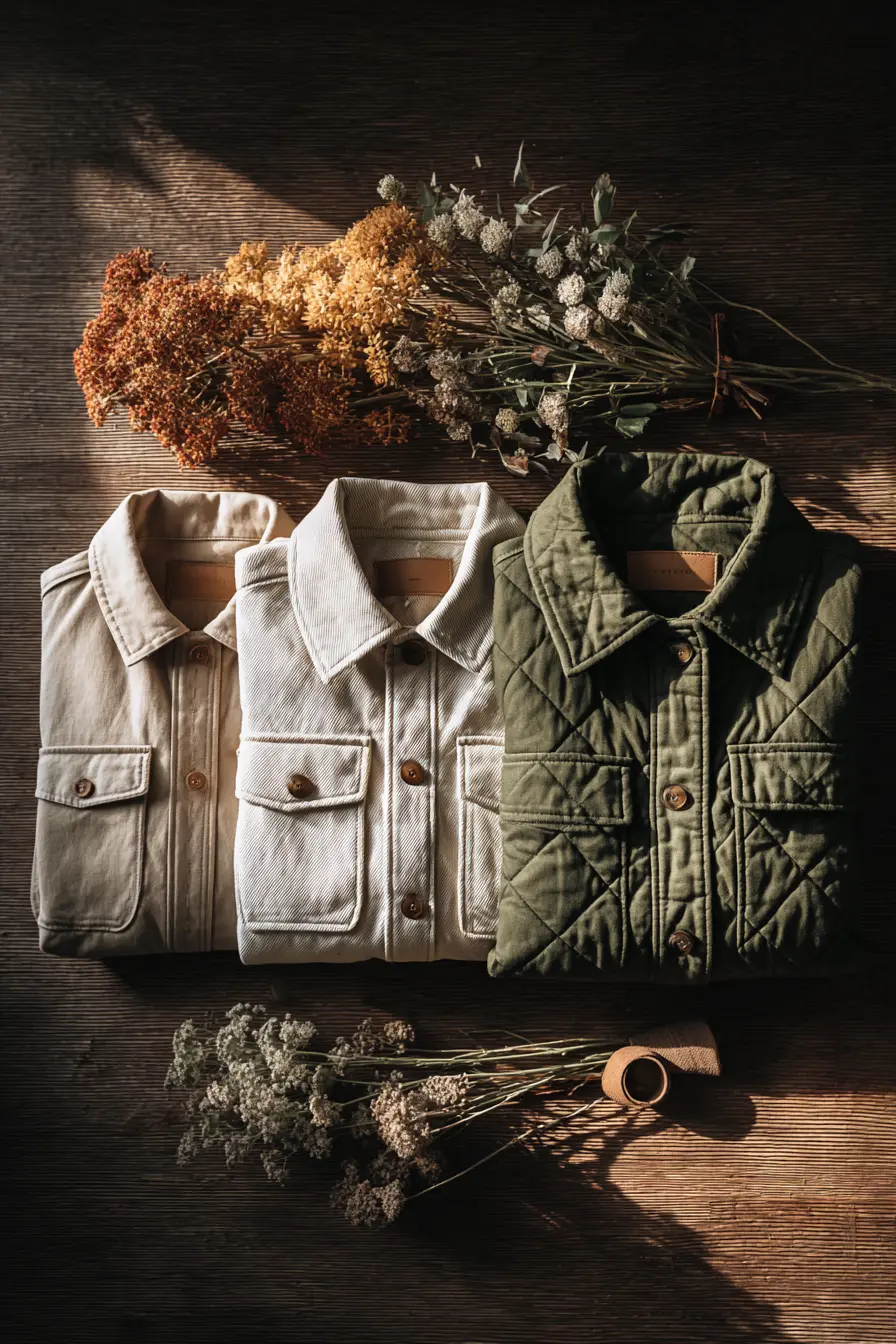 fall jacket capsule wardrobe flat lay with trench denim and quilted jacket on wood surface 