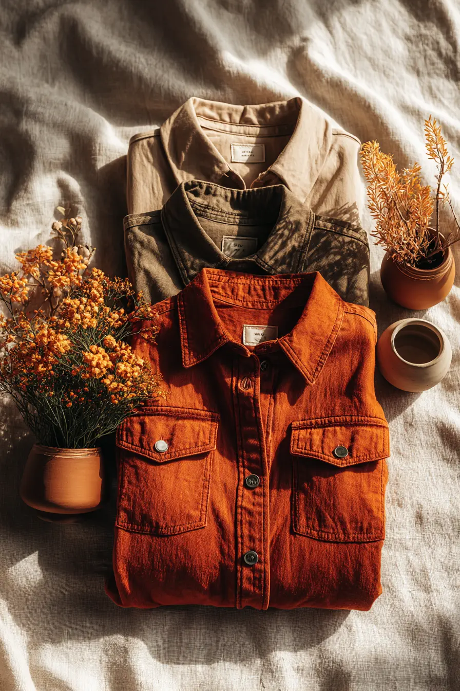 olive utility jacket camel trench and rust shacket arranged as fall jacket capsule color palette