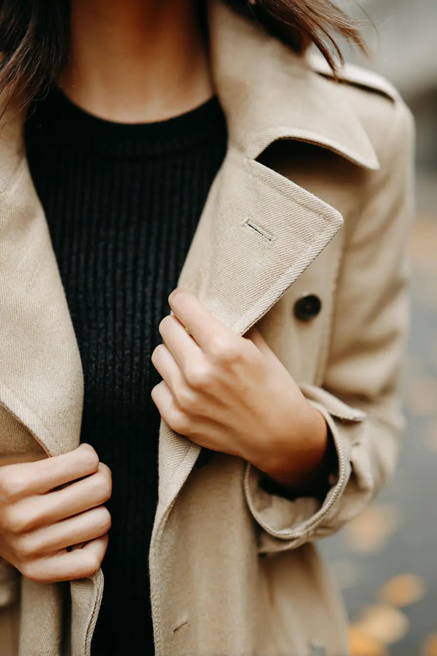 woman adjusting trench coat collar on autumn street showing correct proportion styling