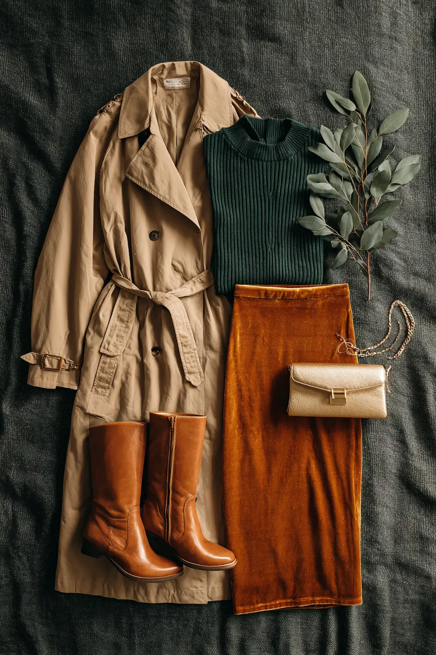 belted trench coat layered over midi skirt outfit fall date night layering