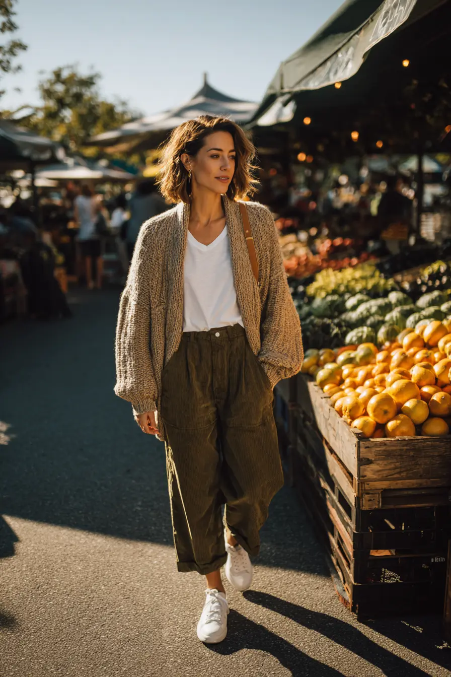 oversized oatmeal cardigan with olive corduroy pants cozy fall outfit