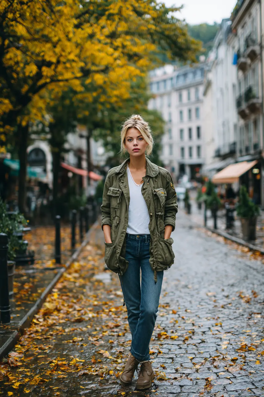 woman in olive utility jacket showing clean shoulder seam and hem length on autumn street