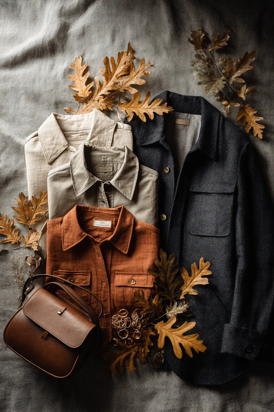 flat lay of four fall light jackets on dark linen with autumn leaves and accessories
