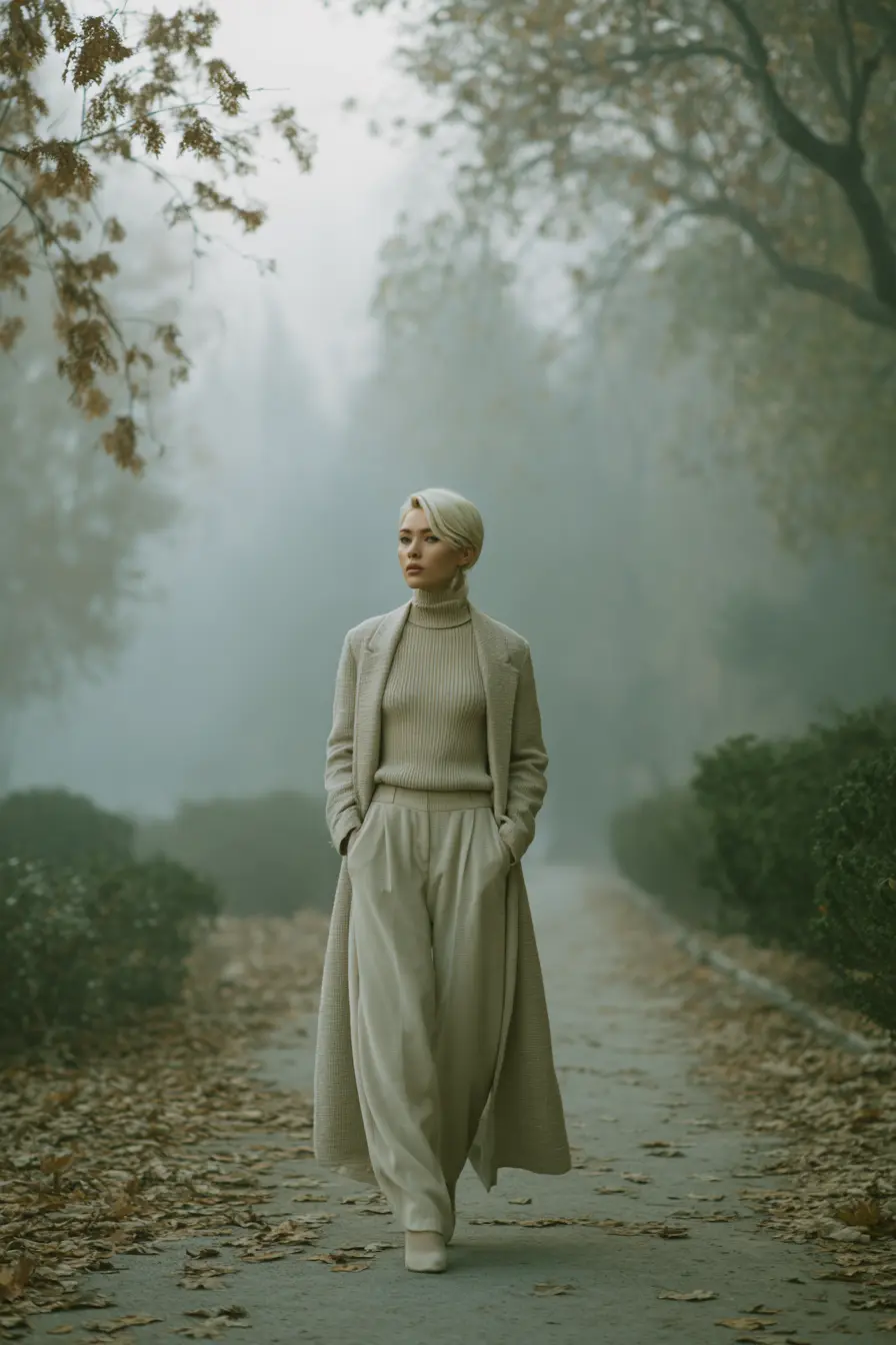 monochrome camel fall outfit turtleneck wide-leg trousers longline coat