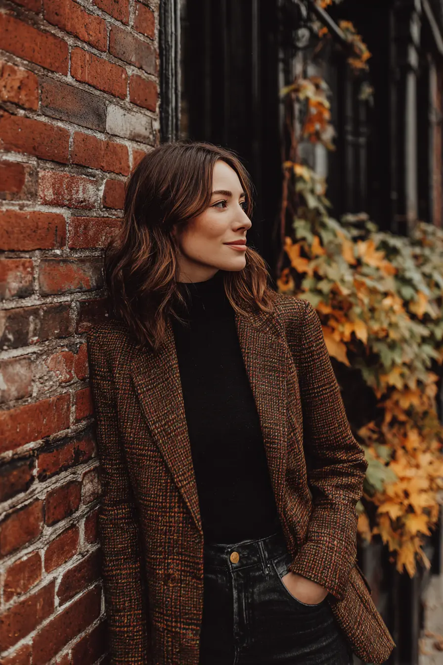 plaid blazer over black turtleneck and straight leg jeans fall outfit