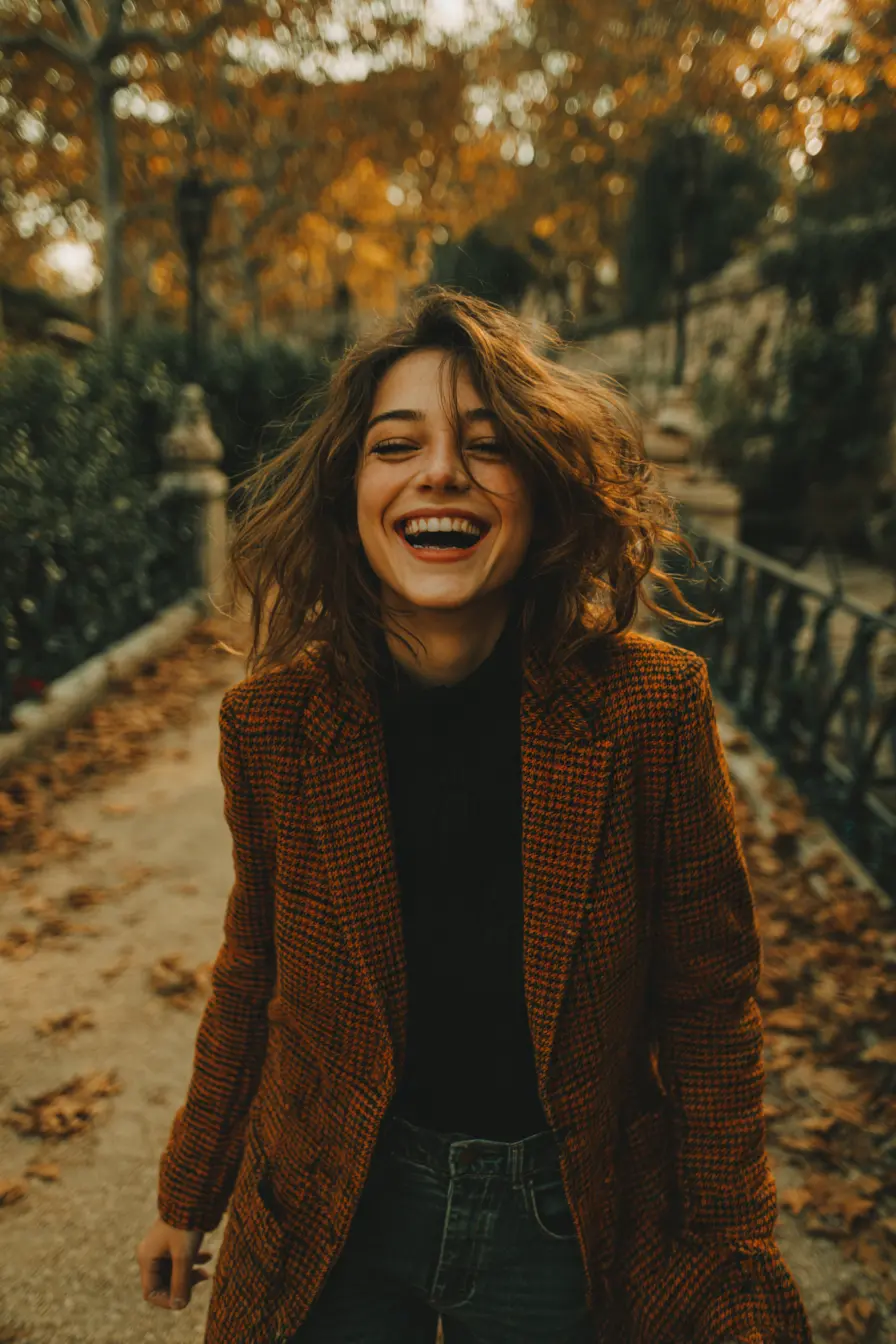 woman laughing in plaid statement blazer over black turtleneck autumn outdoor setting