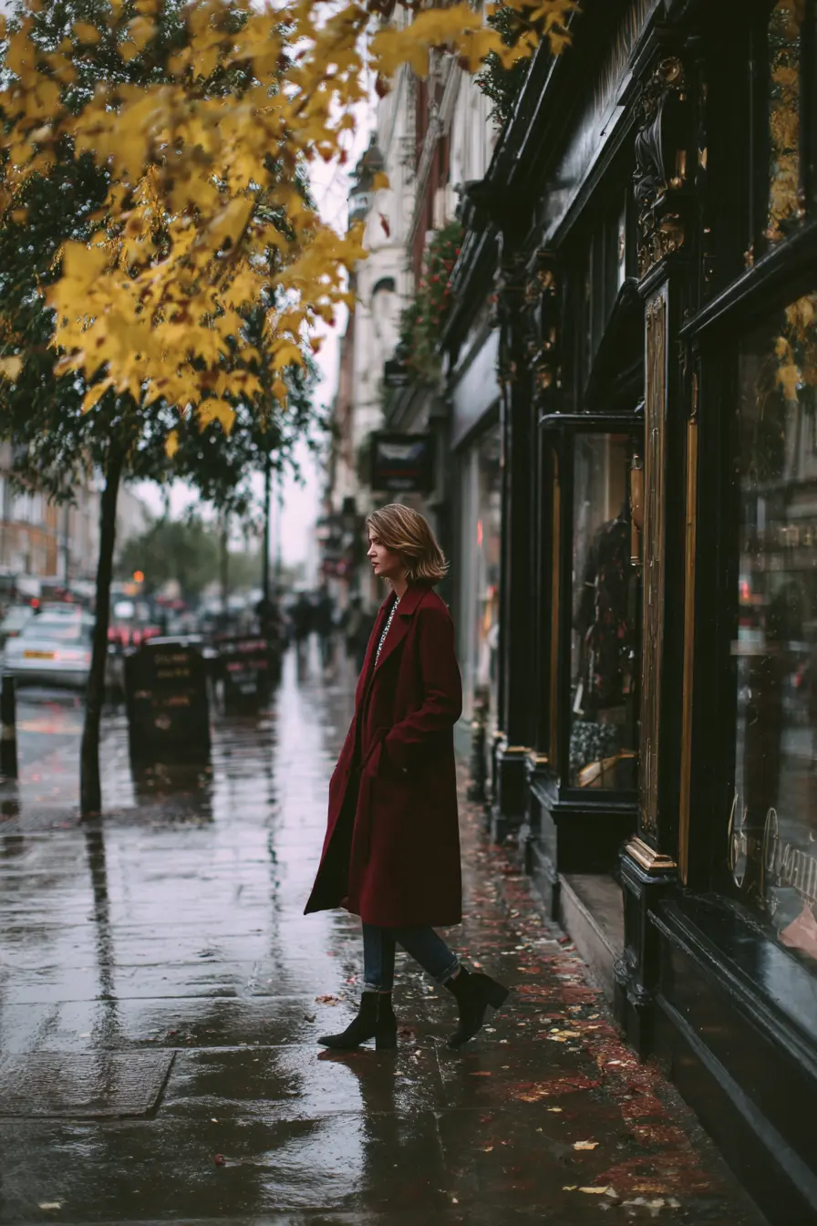 woman in longline burgundy wool coat over simple jeans autumn street style