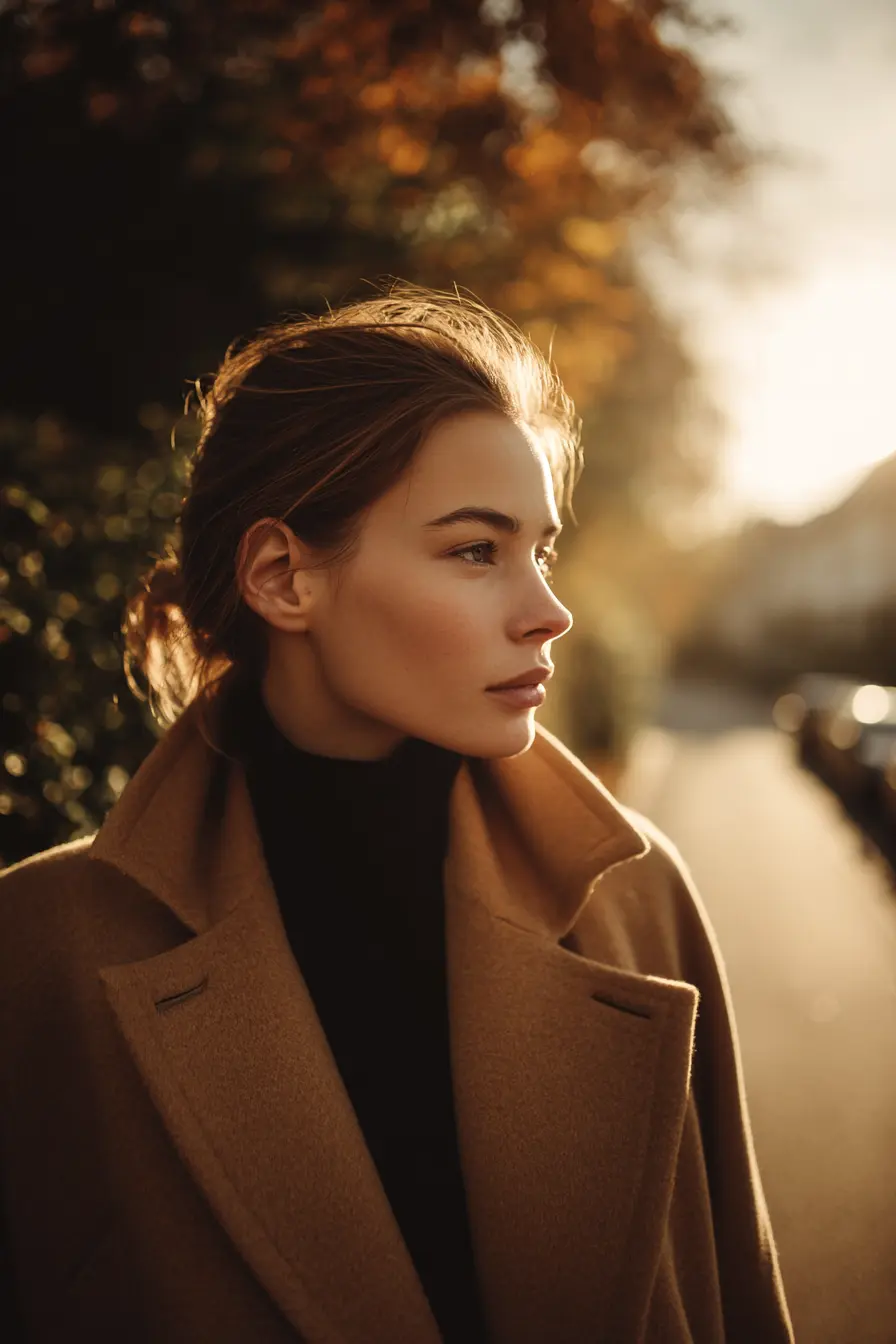camel wool statement coat over black turtleneck and slim trousers fall editorial