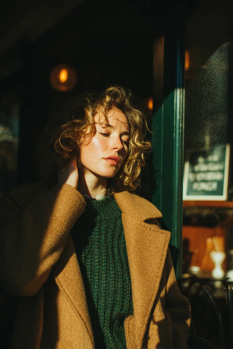 woman adjusting coat collar over chunky knit autumn layering street style