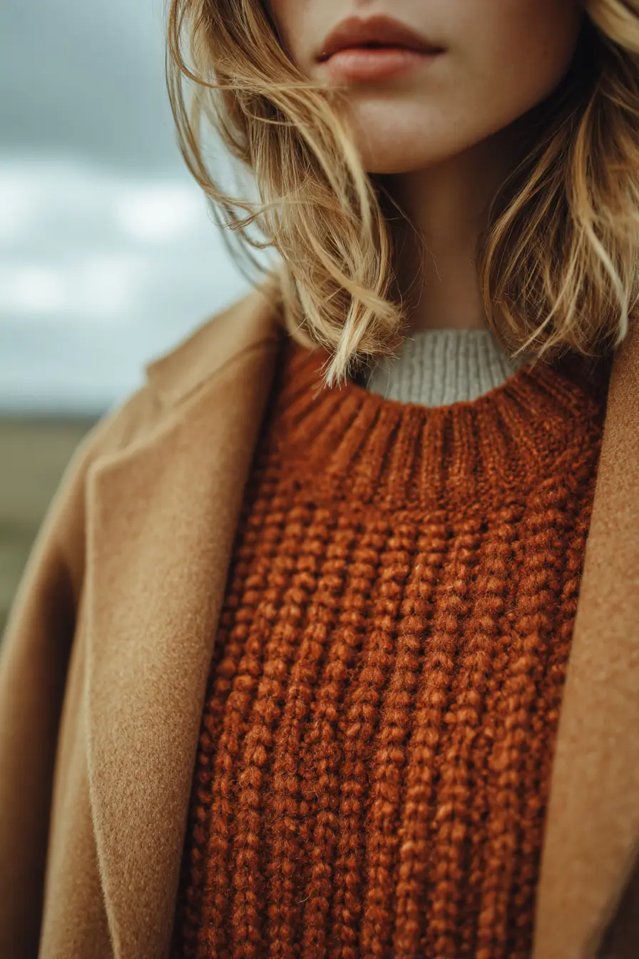 close-up of chunky knit sweater and wool coat textures fall wardrobe