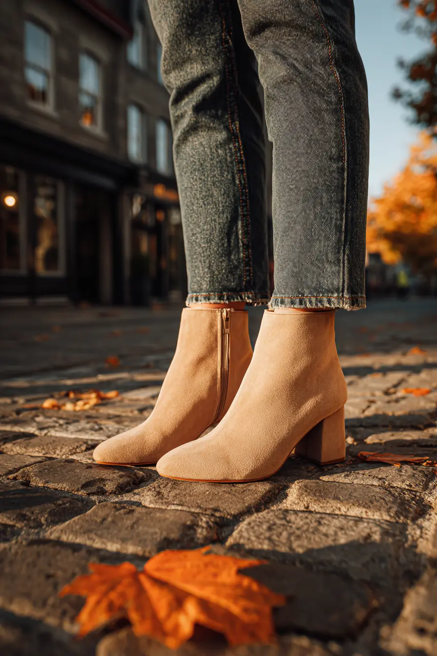 close-up of block heel ankle boots with straight jeans fall essential footwear