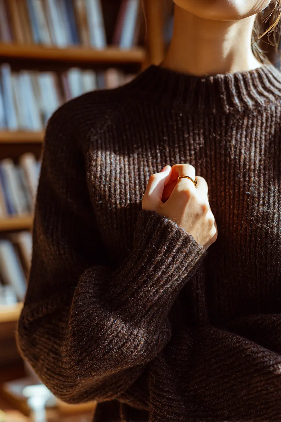 woman checking quality of wool knit sweater texture for fall wardrobe