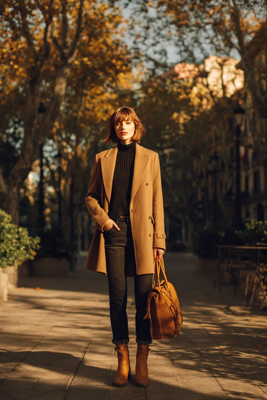 confident woman in complete fall wardrobe essentials outfit on autumn street