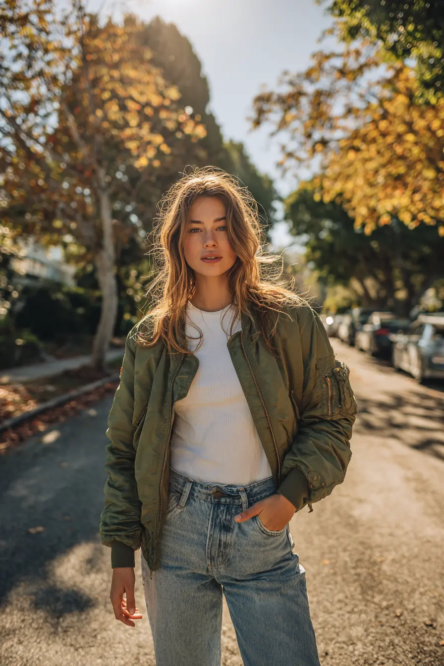 woman tying light jacket around waist on mild autumn day transition outfit