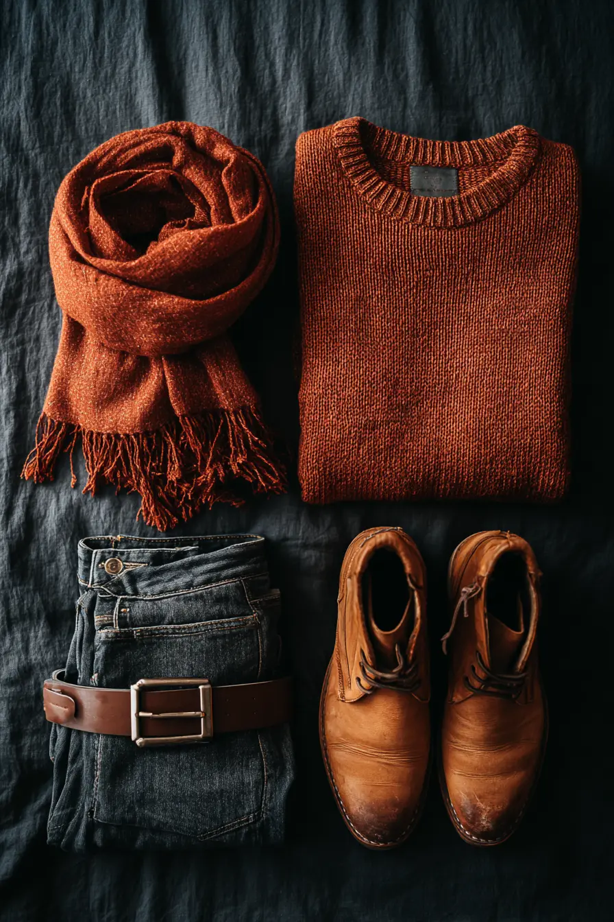flat lay of fall wardrobe essentials in camel brown and rust tones