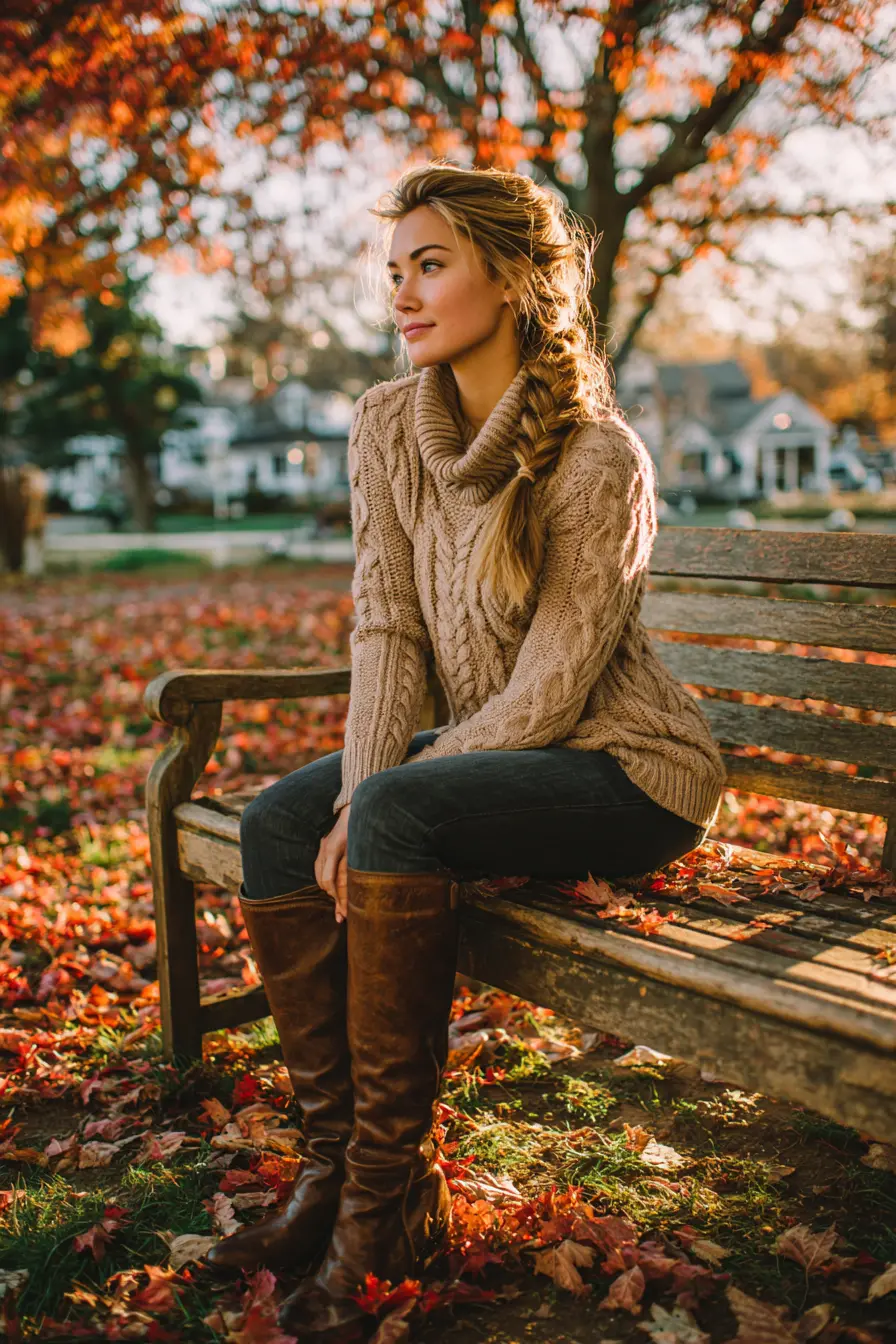 cream cable-knit sweater with dark jeans tucked into knee-high leather boots fall classic