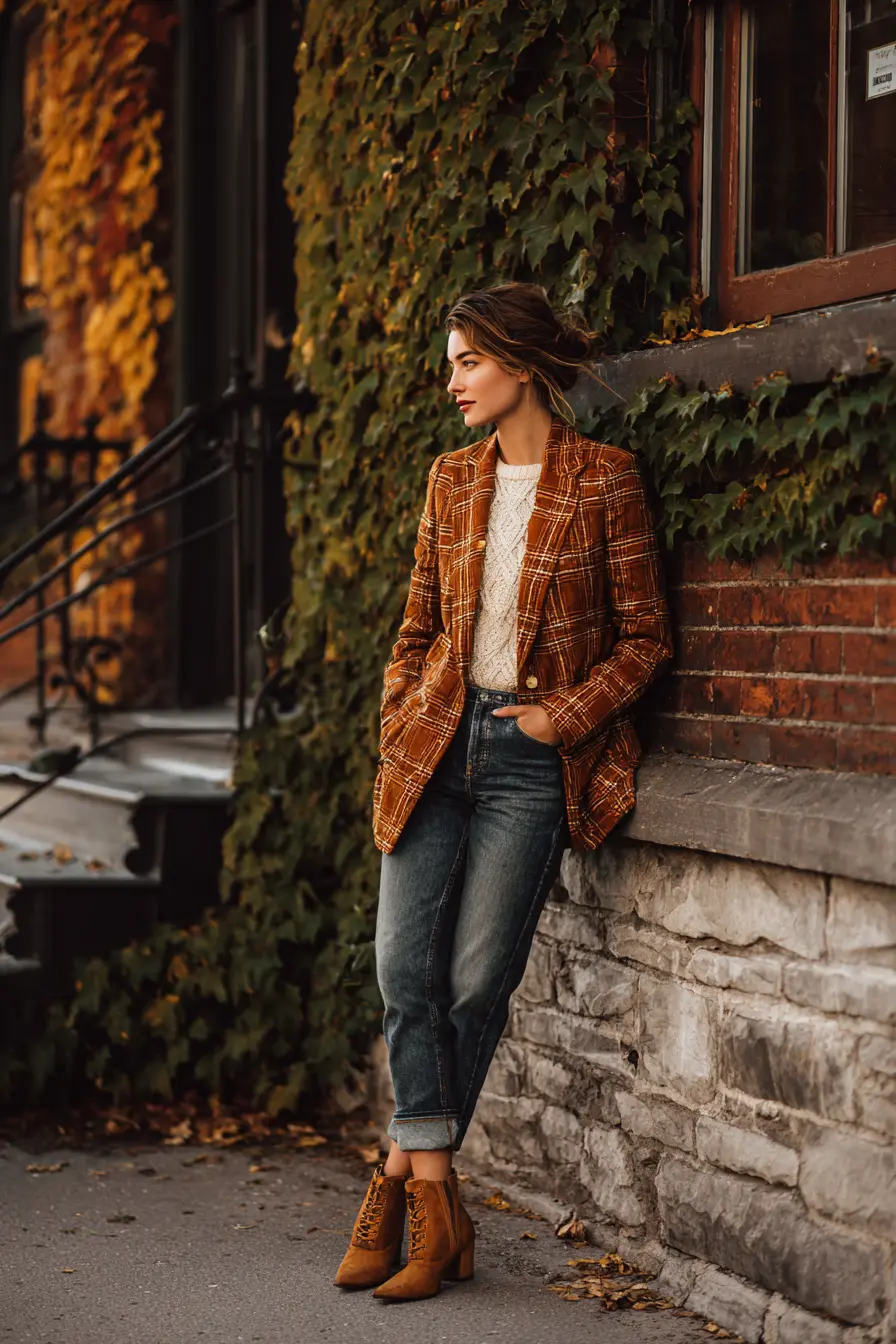 rust brown plaid blazer over cream crewneck with straight jeans fall outfit