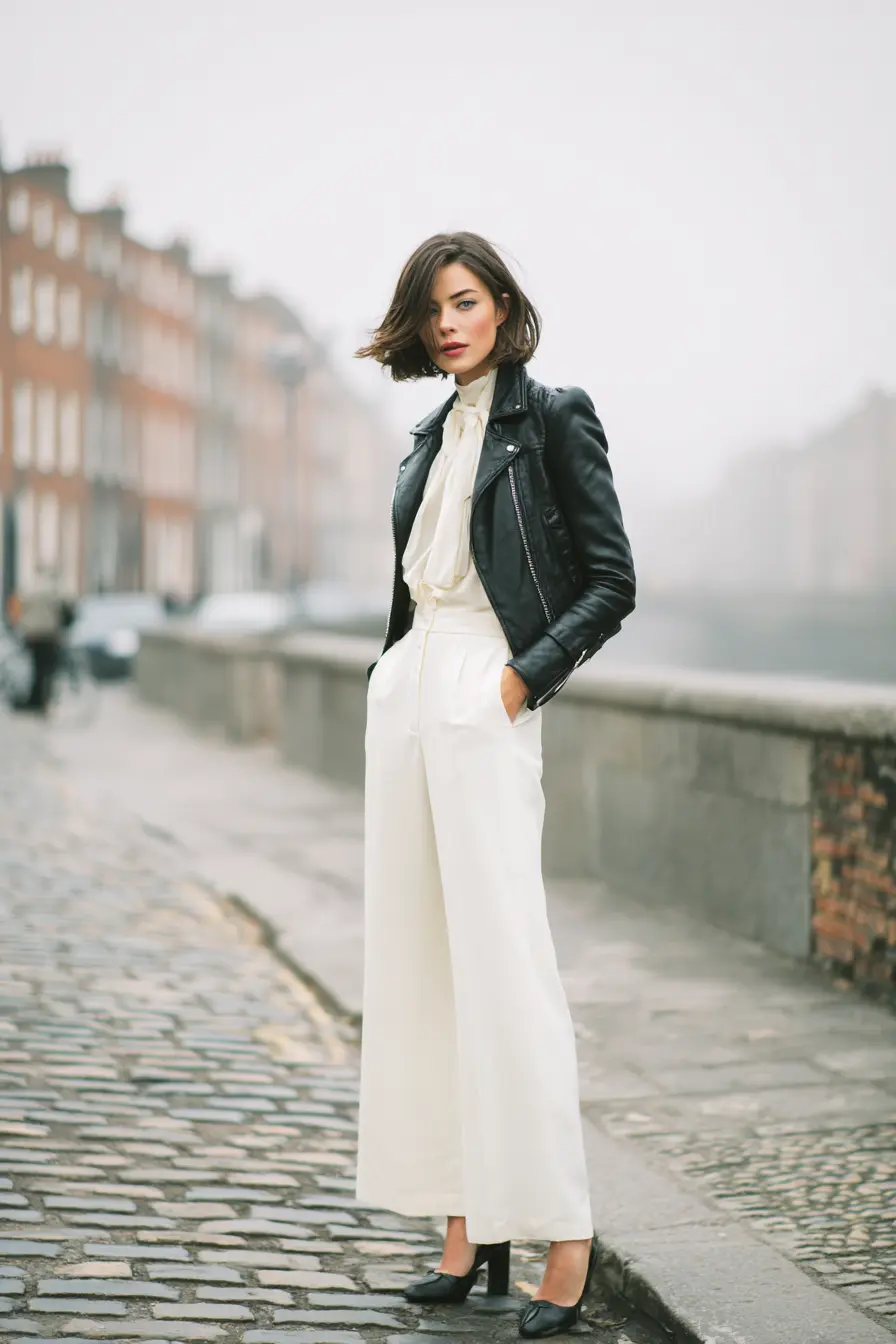 slim faux leather jacket with tailored cream trousers and block heel boots fall minimal